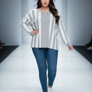 Cyrus Gray and White Striped Crew Neck Sweater